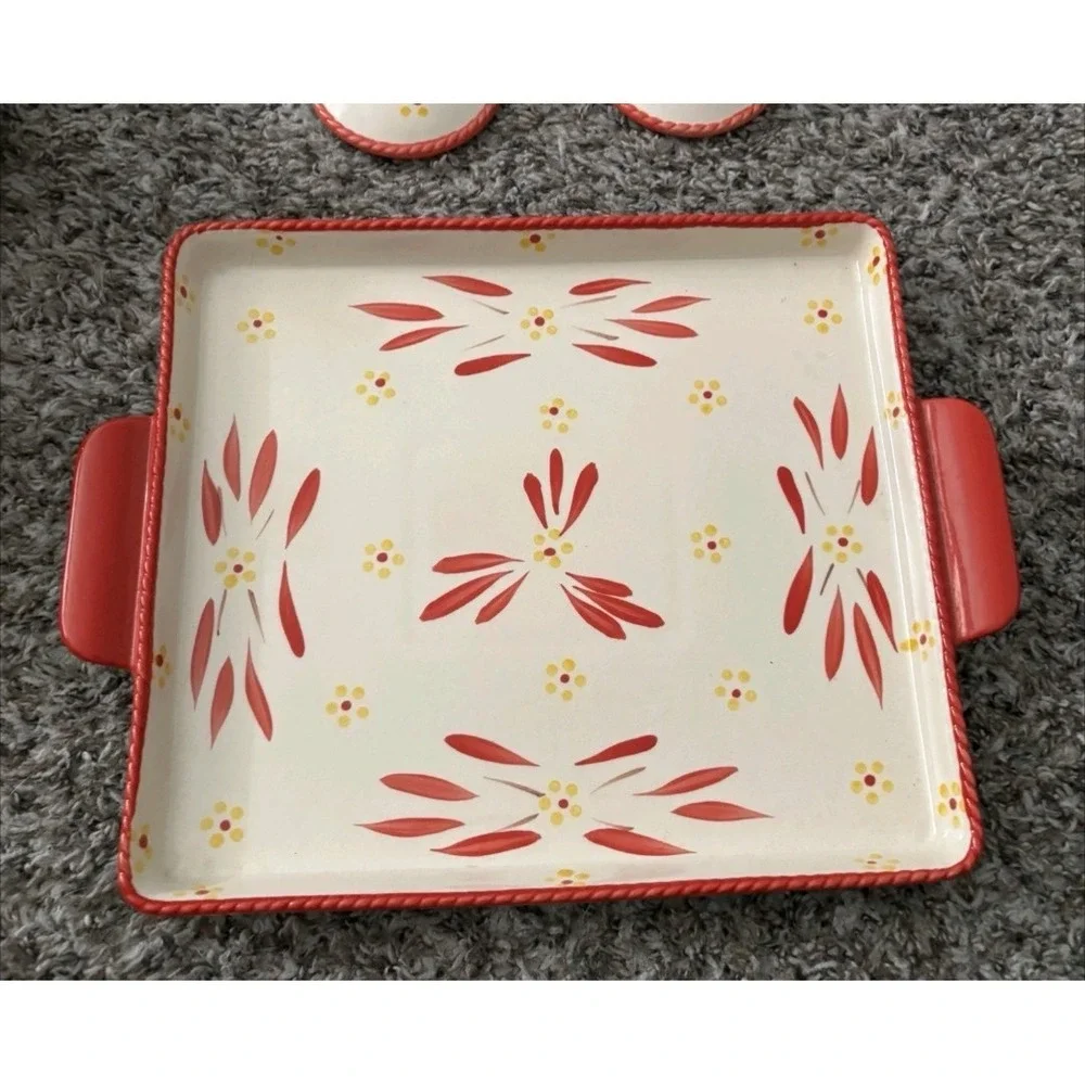 Temptations Old World‎ Red Hand Painted 4pc Soup + Sandwich Set Ceramic Dishes